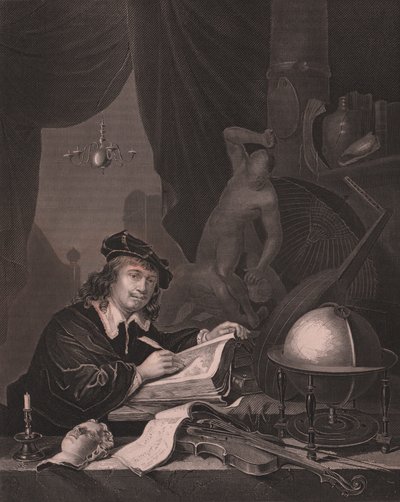 オランダ人画家ゲリット・ドウ（1613-1675）の肖像 絵画「ゲリット・ドウ」からのアルバート・ヘンリー・ペインによるエングレーヴィング ペインズ・ロイヤル・ドレスデン・ギャラリー所蔵 アルバート・ヘンリー・ペイン著 H・ペイン ドレスデン・ライプツィヒ出版社 1840年頃 作： William Walcutt