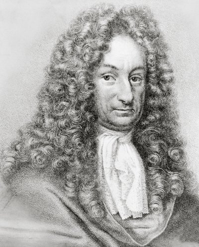 ドイツの数学者、哲学者、科学者であるゴットフリート・ヴィルヘルム・フォン・ライプニッツ（1646-1716）の肖像（エングレービング 作： William Walcutt