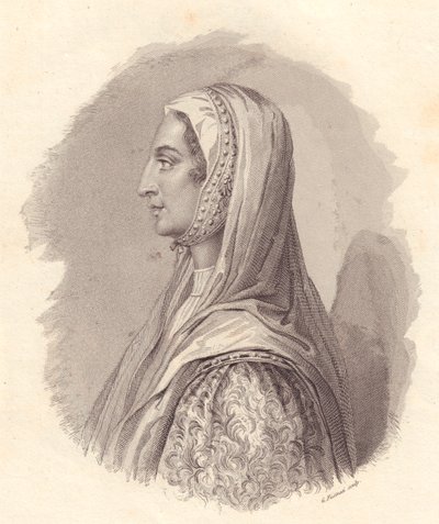 イタリアの貴族ベアトリーチェ・ラスカリス・ディ・テンダ（1372-1418）の肖像、アントニオ・カンポが出版した肖像画からG・フシナティが銅版画で作成 作： William Walcutt