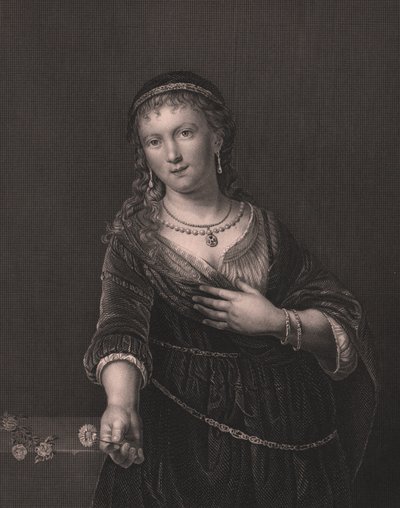 レンブラントの妻サスキア・ファン・ウイレンブルク（1612-1642）の肖像 レンブラントの絵からダニエル・ジョン・パウンドがエングレーヴィング ペインのロイヤル・ドレスデン・ギャラリーより アルバート・ヘンリー・ペイン作 ドレスデン・ライプツィヒのH・ペイン社 1840年頃 作： William Walcutt