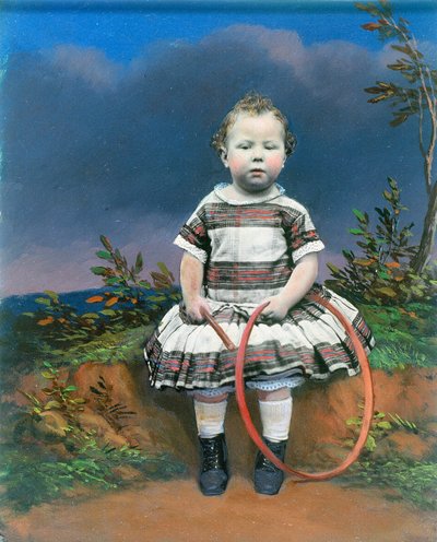 輪投げをする子供の肖像、手彩色アンブロタイプ、1860年頃 作： Ferdinand Georg Waldmuller