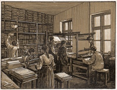 ハンガリー、ブダペストの印刷所：書籍のファコニングと準備。 女性の仕事。 約。 1910年（イラスト） 作： . .
