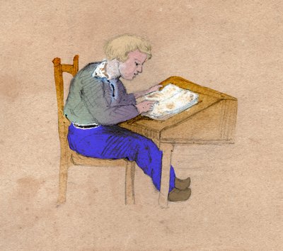 彼の机の上で仕事中の男子生徒。 1830年頃（イラスト） 作： . .