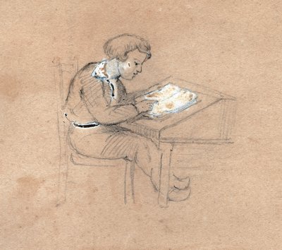 彼の机の上で仕事中の男子生徒。 1830年頃（イラスト） 作： . .