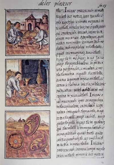 食器と盾の製造、スペイン人宣教師Fray Bernardino de Sahagunによる、スペイン語とナワトル語のバイリンガル版「新スペインの事物の一般的な歴史」フィレンツェ写本のページ。アステカ文明 作： Georg Carl Heinrich Dollmann