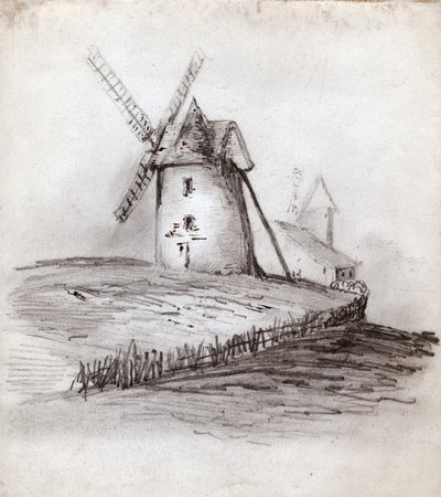 フランス、ノルマンディーの風車。 1830年頃（イラスト） 作： . .