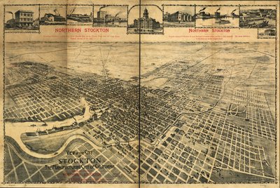ストックトン北部の位置を示すカリフォルニア州の製造都市ストックトン市街の眺め 作： Dakin Publishing Co.
