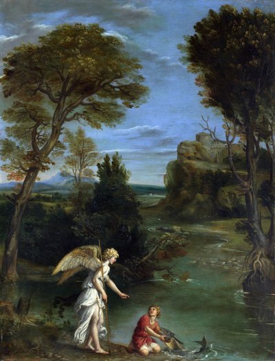 トビアスが魚を捕まえている風景 作： Domenichino