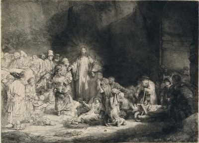 病人の周りにいるキリスト、小さな子供たちを受け入れる（「百ギルダープリント」） 作： Rembrandt van Rijn