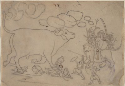ドゥルガーが水牛の悪魔マヒシャに立ち向かう: デヴィ マハトミヤの場面 1780年。 作： a first generation master after Nainsukh