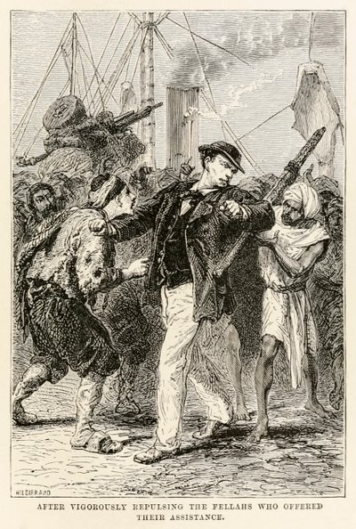 アンリ・テオフィルヒルデブラント（1824-1897）によって刻まれたジュールヴェルヌ（1828-1905）の「世界一周80日間」から、支援を申し出たフェラを激しく撃退した後、1873年（彫刻 作： after Alphonse Marie de Neuville