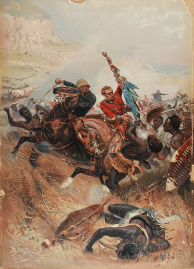 1879年のズールー戦争、色彩を救う中尉メルビルとコグヒル（クロモリト） 作： after Alphonse Marie de Neuville