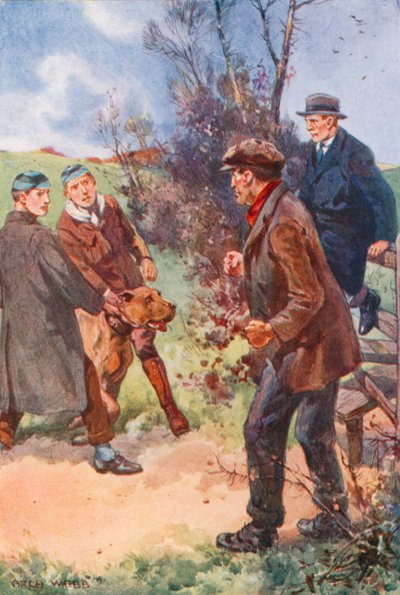 男は不快な笑いで後退し、彼の目はまだ犬に向けられていました 作： after Archibald Bertram Webb