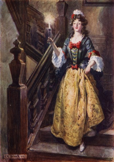 エスコートに挨拶するためにウォルコートハウスで階段を降りるビアトリクス女王 作： after Charles Edmund Brock