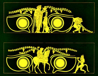 ディオニソス、ヘファイストス、サテュロス、JEハリソンとDSマッコールによるギリシャの花瓶の絵画のイラスト、1894年発行（デジタル拡張画像） 作： after English School