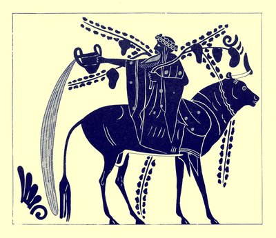 雄牛に乗るディオニュソス、JEハリソンとDSマッコールによるギリシャの花瓶の絵画のイラスト、1894年発行（デジタル拡張画像） 作： after English School