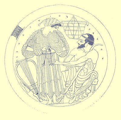 EuphroniosによるCylixの内部、JE HarrisonとDS MacCollによるギリシャの花瓶の絵画からのイラスト、1894年発行（デジタル拡張画像） 作： after English School