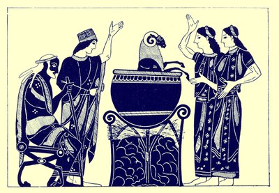 Medea Boiling the Ram、JE HarrisonとDS MacCollによるギリシャの花瓶の絵画のイラスト、1894年発行（デジタル化された画像） 作： after English School