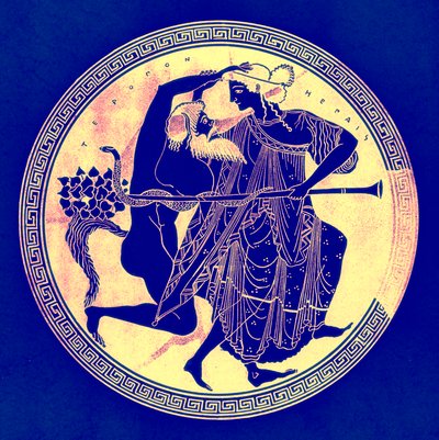 SatyrとMaenad、JE HarrisonとDS MacCollによるギリシャの花瓶の絵画のイラスト、1894年発行（デジタル化された画像） 作： after English School