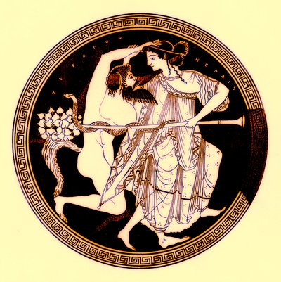 SatyrとMaenad、JE HarrisonとDS MacCollによるギリシャの花瓶の絵画のイラスト、1894年発行（デジタル化された画像） 作： after English School