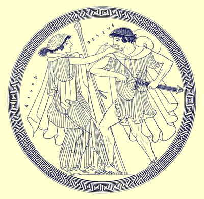JE HarrisonとDS MacCollによるギリシャの花瓶の絵画のイラスト、TheseusとAethraが1894年に発行（デジタル化された画像） 作： after English School