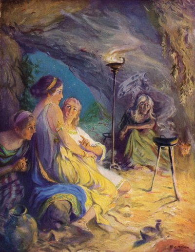 グラウカスとイオネ、魔女の洞窟に避難 作： after Frederick Coffay Yohn