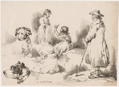 子供の研究（二人の少女）; 二匹の犬; 男 作： after George Morland