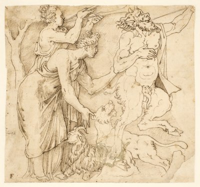サテュロス、2 人の女性、ライオンとヤギ 作： after Giulio Romano