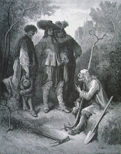 寓話のジーン・ド・ラ・フォンテーヌ作「老人と三人の若者のイラスト」（1621-95） 作： Gustave after Dore