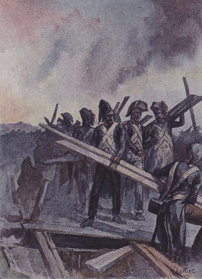 フランスの兵士が1796年にイタリア、アルコレの戦いでポンツーンブリッジを構築 作： after Henri Georges Jacques Chartier