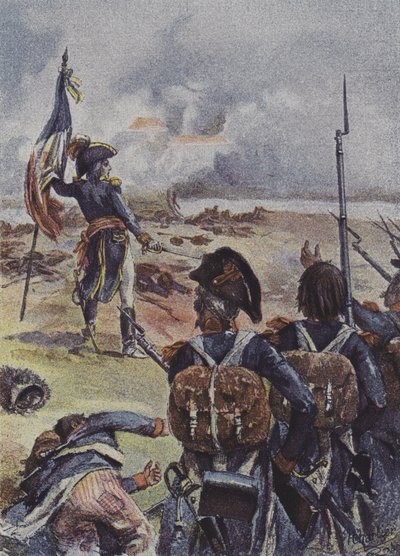 1796年イタリアのアルコレの戦いで第99連隊の第1大隊の旗を前に植えたオージェロー将軍 作： after Henri Georges Jacques Chartier