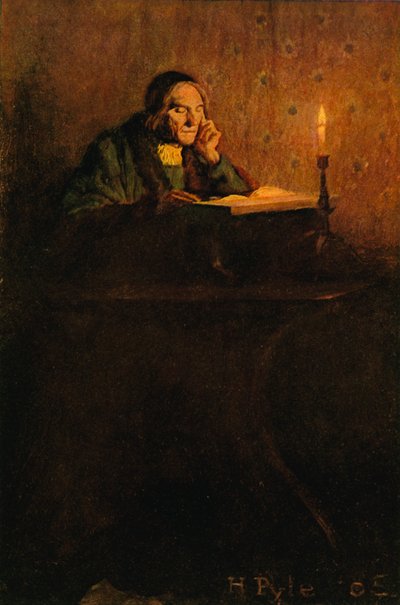 きちんと縮れた紳士が机に座った 作： after Howard Pyle