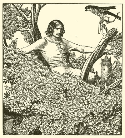 ロンセロット卿が登って女性の鷹を捕まえる 作： after Howard Pyle