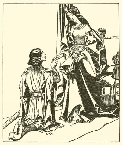 ローンセロット卿がグィネヴィア女王に挨拶 作： after Howard Pyle