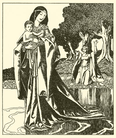 レディ・ニミューはローンセロットを湖に連れ去る 作： after Howard Pyle