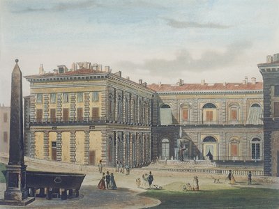 フィレンツェのピッティ宮殿の中庭、ヨハンファルケイゼン（1804-83）によって彫刻され、L。シェルブイン、1842年頃（アクアチント）によって着色 作： after Italian School