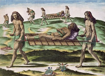 「ブレビスナラティオ...」からの負傷者を運ぶ雌雄同体、セオドアドブライ発行、1591年 作： after Le Moyne, J.Bry