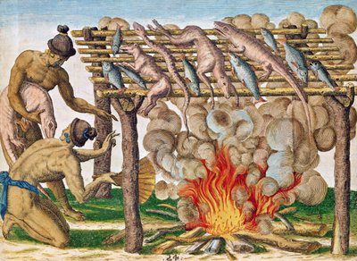 動物をグリルする方法、「ブレビスナラティオ...」、セオドア・ド・ブライ発行、1591年 作： after Le Moyne, J.Bry