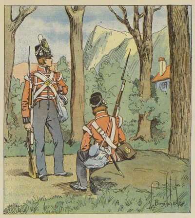 そこから、2人のイギリス人兵士が私たちを見守るために出陣しました。 作： after Louis Charles Bombled
