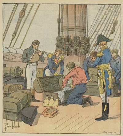 イギリスの海軍本部がナポレオンの荷物の在庫を作る 作： after Louis Charles Bombled