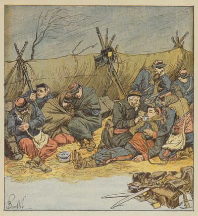 兵士たちはテントにとどまることができなくなり、即興の避難所となりました 作： after Louis Charles Bombled