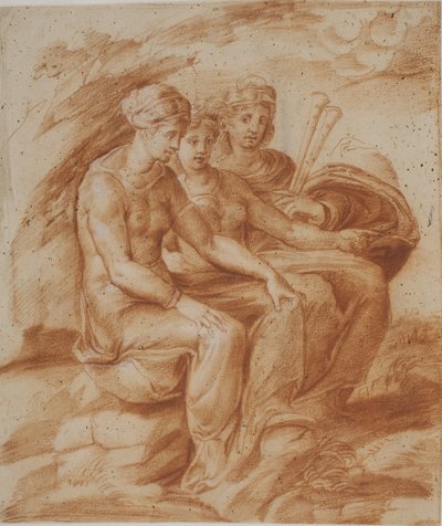 風景の中に座っている 3 人の女性、1 人はダブル フルートを持っています 作： after Pirro Ligorio