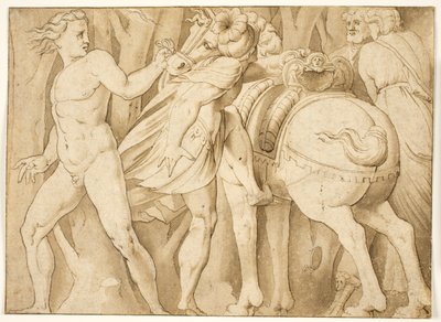 ローマの歴史のシーン？ 裸の男に抱かれた馬にまたがる男 作： after Polidoro da Caravaggio