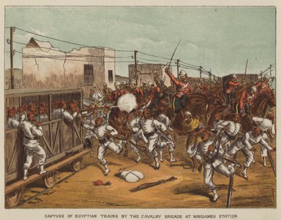 マハサメ駅の騎兵旅団によるエジプトの列車の捕獲 作： after Richard Simkin