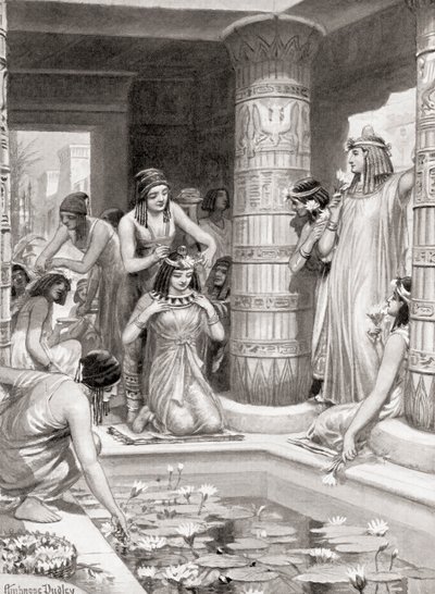 古代エジプトでディナーに到着したゲストは、足と手を洗うために水を与えられ、香りのするオイルで油を注がれ、花の輪が飾られました。HutchinsonsHistory of the Nationsのパブから 作： after Robert Dudley