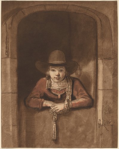 下のドアに寄りかかる少年 作： after Samuel van Hoogstraten Cornelis Ploos