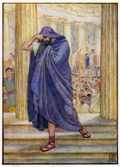 彼は議会を去り、マントに顔を隠した 作： after Walter Crane