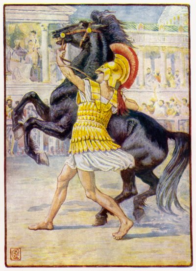 彼は馬に向かって走り、手綱をつかんだ 作： after Walter Crane