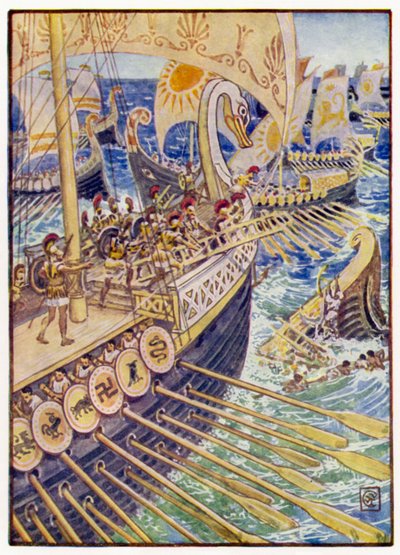 ペルシャの死者が花のように深みをまき散らすまで、船は船に衝突した 作： after Walter Crane