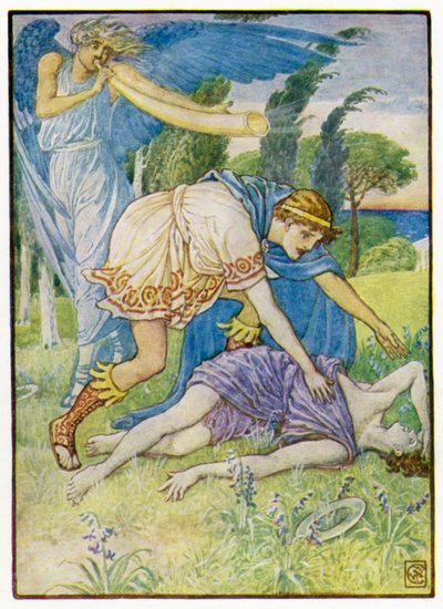 風神が南から突風を送った 作： after Walter Crane